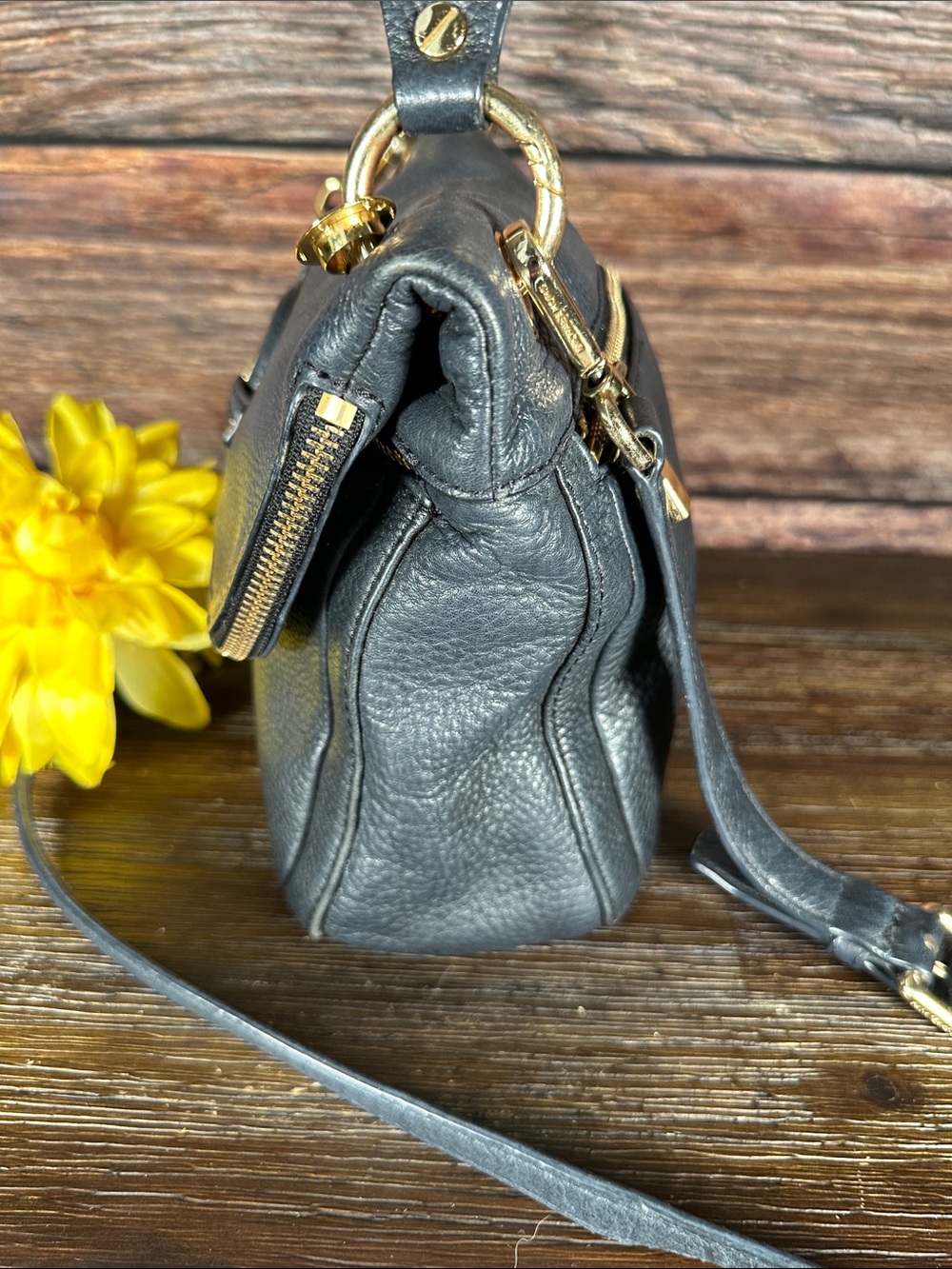 Michael Kors Dark Navy Pebbled Leather Flap Crossbody with Gold Hardware - Picture 2 of 7